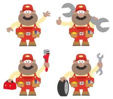Cartoon Mechanic Character Collection In Red Uniform With Tools vector