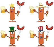 Cartoon Sausage Character Collection With Beer, Grill Fork And Festive Hats vector