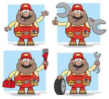 Mechanic Character Collection With Tools, Wrenches And Car Tire vector