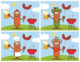 Barbecue Sausage Character Collection With Beer, Grill And Summer Background vector