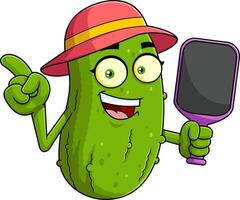 Funny Cucumber Mascot With Red Hat And Hand Mirror vector