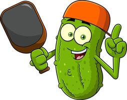 Cartoon Cucumber Mascot Pointing Up With Game Paddle vector