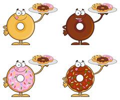 Cartoon Donut Characters Holding Plates With Assorted Colorful Doughnuts vector
