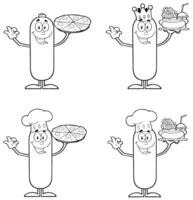 Black And White Sausage Chef Character Collection With Pizza And Spaghetti vector