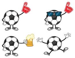 Cartoon Soccer Ball Characters With Beer, Sunglasses And Fan Foam Hands vector