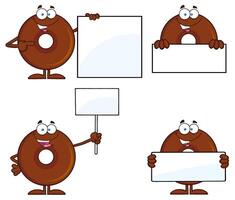 Cartoon Chocolate Donut Characters Holding Blank Signs And Message Boards vector