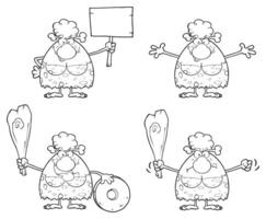 Black And White Caveman Set With Club, Arms Spread And Angry Look vector