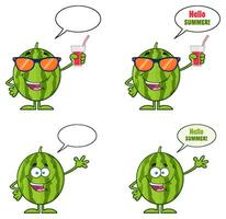Summer Watermelon Character Collection With Juice Glass And Speech Bubbles vector