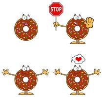 Cartoon Chocolate Sprinkle Donut Characters With Stop Sign And Love Thought Bubble vector