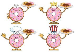 Funny Strawberry Doughnut Mascots With Plates Of Pastries And Costume Hats vector
