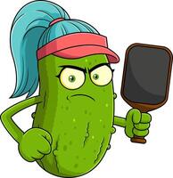 Angry Pickle Character With Paddle And Ponytail Wearing Visor vector