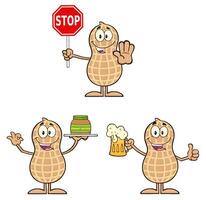 Cartoon Peanut Character Collection With Stop Sign, Beer, and Peanut Butter Jar vector