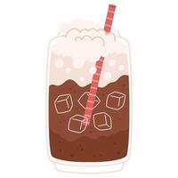 Classic iced cola with whipped cream foam and red straw in transparent glass vector