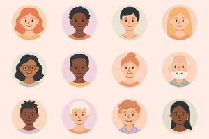 Diverse cartoon avatars set of people different ages and ethnicities smiling isolated on pastel backgrounds vector