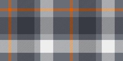 Seamless gray, orange, black, and white tartan plaid pattern with bold diagonal stripes. Geometric checkered design for fabric, wallpaper, or digital backgrounds. repeatable textile texture vector