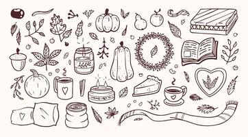 Cozy autumn drawings and outline graphic design elements, seasonal objects, vegetables, candles, warm clothes and other. illustration set. vector