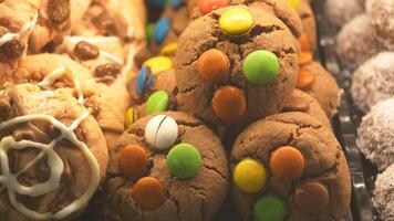 Delicious cookies with colorful toppings at bakery display video