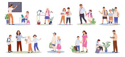 Set of cute children with backpack going back to school with parents. Collection of funny pupils studying, learning, communicating with teacher during lesson Flat illustration isolated on white vector