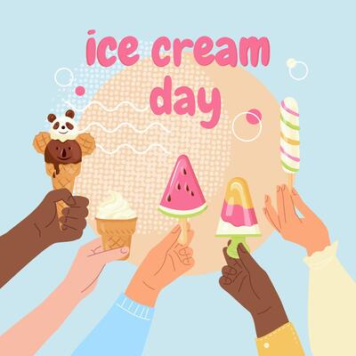 Summer flyer with different ice cream. Different skin hands of people holding ice cream Colorful balls or swirls of gelato, popsicle, frozen yogurt illustration great for card, banners, frame