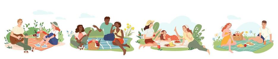 People having picnic on lawn outdoors Friends and couples relaxing on blankets with food and drinks in summer park. Design element for banner, card, poster, print or website. Flat illustrations vector