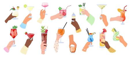 Big set of hands holding various cocktails. Collection illustrations of alcoholic drinks mix in diverse skin tones. Ideal for bar poster, summer party banner, drink card, menu or print design vector