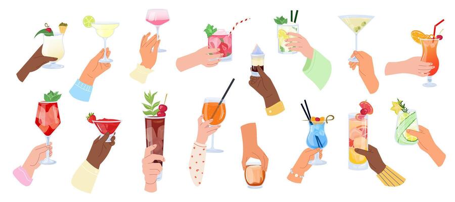Big set of hands holding various cocktails. Collection illustrations of alcoholic drinks mix in diverse skin tones. Ideal for bar poster, summer party banner, drink card, menu or print design