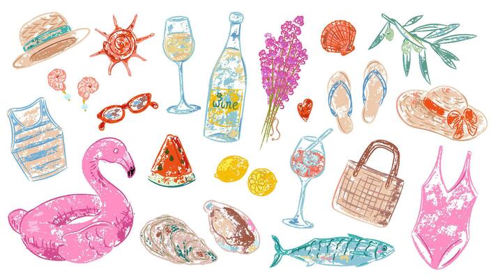summer holiday illustrations set with beach accessories, seafood, drinks and shells Hand-drawn textured elements in grunge style. Colorful clipart for vacation design, travel decoration, print