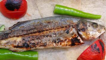 Grilled fish with rice and vegetables served fresh video