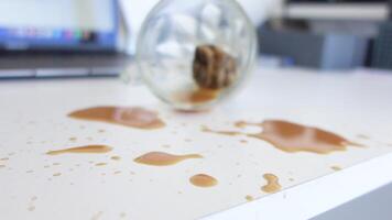 Coffee spills on the desk during a work session video