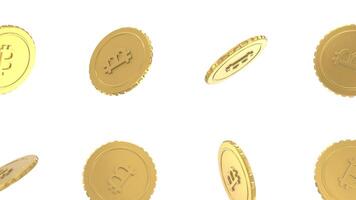 Crypto Coins Falling on a White Background. Bitcoin 3D Animation. 4K video
