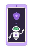 Robot and shield with cross on the smartphone screen. Concept of digital security and technical support. Isolated illustration. vector