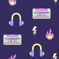 Seamless pattern with audio cassette and headphones. Multicolored elements on dark background. Retro illustration with outline in 90s style. illustration. vector
