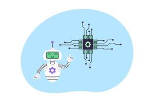 Cute robot points at electronic chip. Artificial Intelligence Virtual Assistant. Business and Education Concept. Isolated illustration. vector
