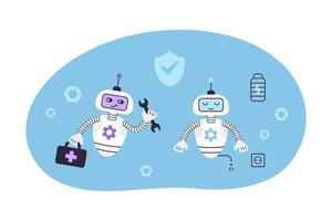 Cute android robot repairing another robot. Concept of digital security and technical support. Isolated illustration. vector
