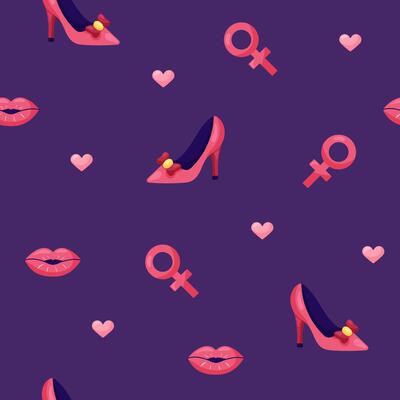 Seamless pattern with high heel shoes and red lips on dark background. March 8 Women's Day. illustration.