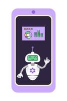 Robot and information board with diagram on the smartphone screen. Concept of digital security and technical support. Isolated illustration. vector
