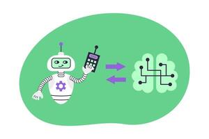 Robot and Brain with chip on green background. Concept of health and artificial intelligence. Isolated illustration. vector