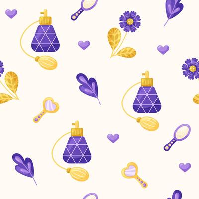 Seamless pattern with perfume and mirror on beige background. March 8 Women's Day. illustration.