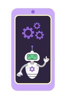 Robot and gears on the smartphone screen. Concept of digital security and technical support. Isolated illustration. vector