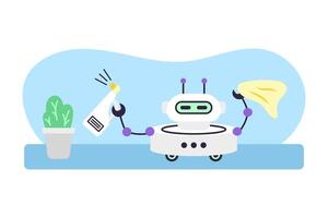 Cute robot cleaner waters flowers and wipes dust. Artificial intelligence robot assistant. Cleaning and smart home concept. Isolated illustration. vector