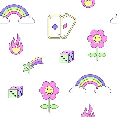 Seamless pattern with vintage flowers and rainbow in style of 90s. Multicolored elements on white background. Retro illustration with outline in 90s style. illustration.