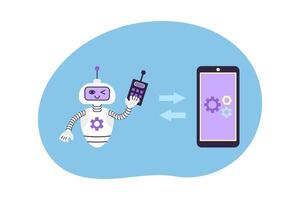Cute robot controls smartphone with remote control. Remote control and technical support concept. Isolated illustration. vector