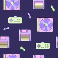 Seamless pattern with floppy disk and gamepad. Multicolored elements on dark background. Retro illustration with outline in 90s style. illustration. vector
