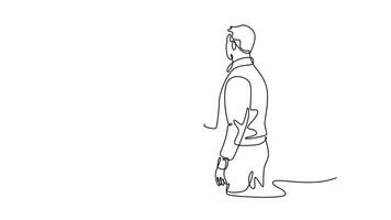 young man reaching agreement with immigration application and shaking hands with public services worker. Public service concept. Single line draw design. Full length animation. High quality 4k footage video