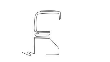 A man pushes a large plastic trash bin. Civic responsibility. Public service concept. Single line draw design. Full length animation illustration. High quality 4k footage video