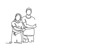volunteer team holding each other's crossed hands for unity. Public service concept. Single line draw design. Full length animation illustration. High quality 4k footage video