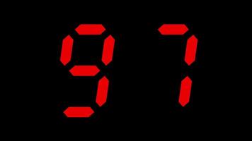 100 second countdown timer digital animation from 100 to 0 seconds with red numbers on black background, suitable for concepts of time, technology, urgency, and deadlines video