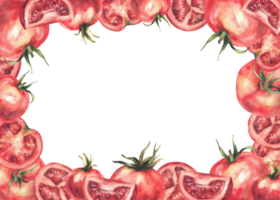 Red tomatoes vegetables. Watercolor rectangular frame. Illustration isolated background Whole and half sliced fruit with stalk. Hand drawn realistic Clipart for Farm plats harvest food label template png