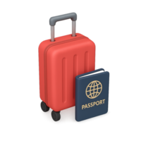 3D isometric business travel concept with a red suitcase and passport, on a transparent background png