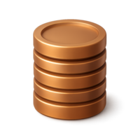 3D A stack of five bronze coins, arranged neatly on top of each other, casting a soft shadow on a transparent background png